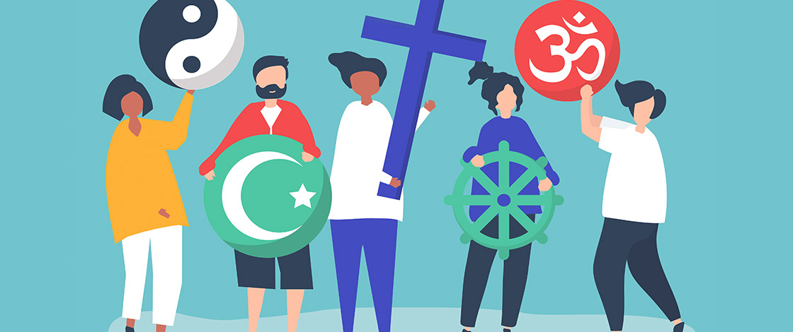 Illustration, Leute die verschiedene religiöse Symbole halten