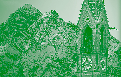 Kirche im Engadin vor Bergekette