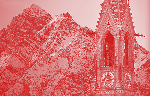 Kirche im Engadin vor Bergekette