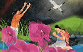 Illustration, betende Frauen am Teich